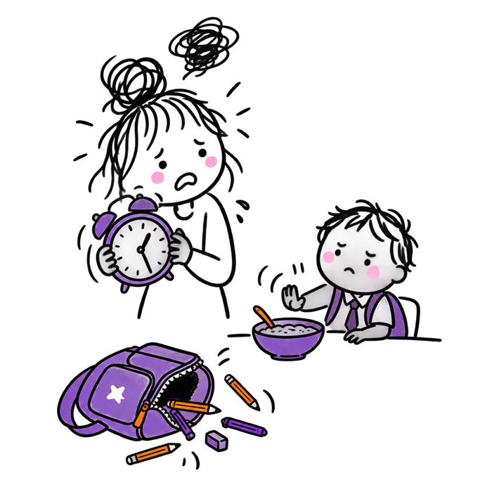 Ilustración: mañana caótica antes del colegio