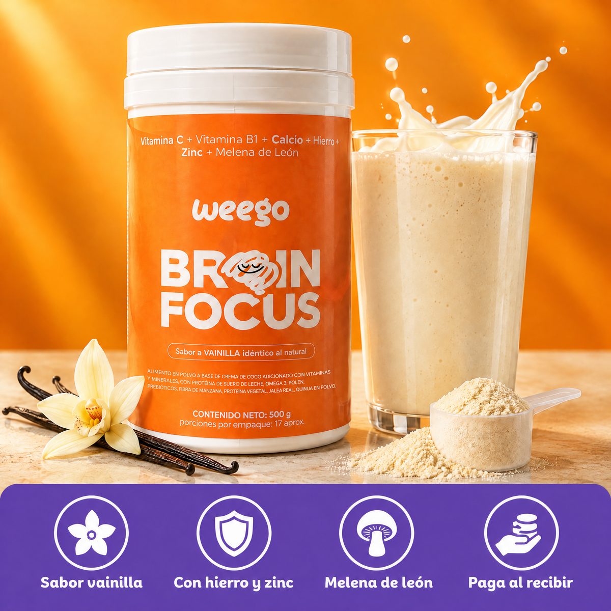 WEEGO Brain Focus, batido sabor vainilla 500 g, con vaso de malteada