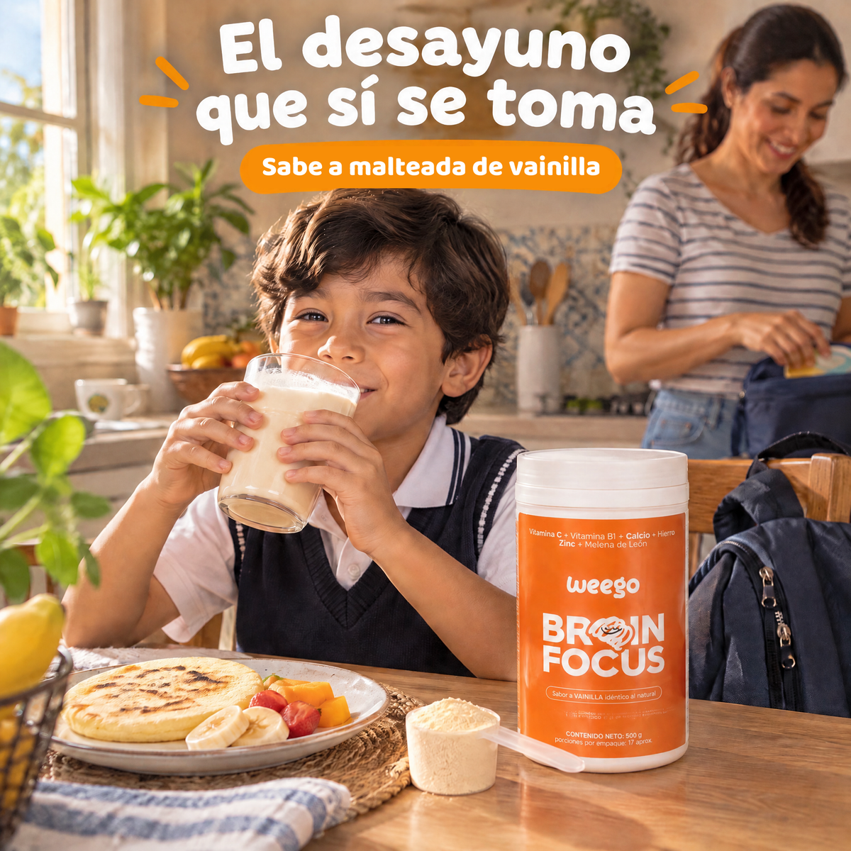 Niño tomando WEEGO Brain Focus en el desayuno antes del colegio