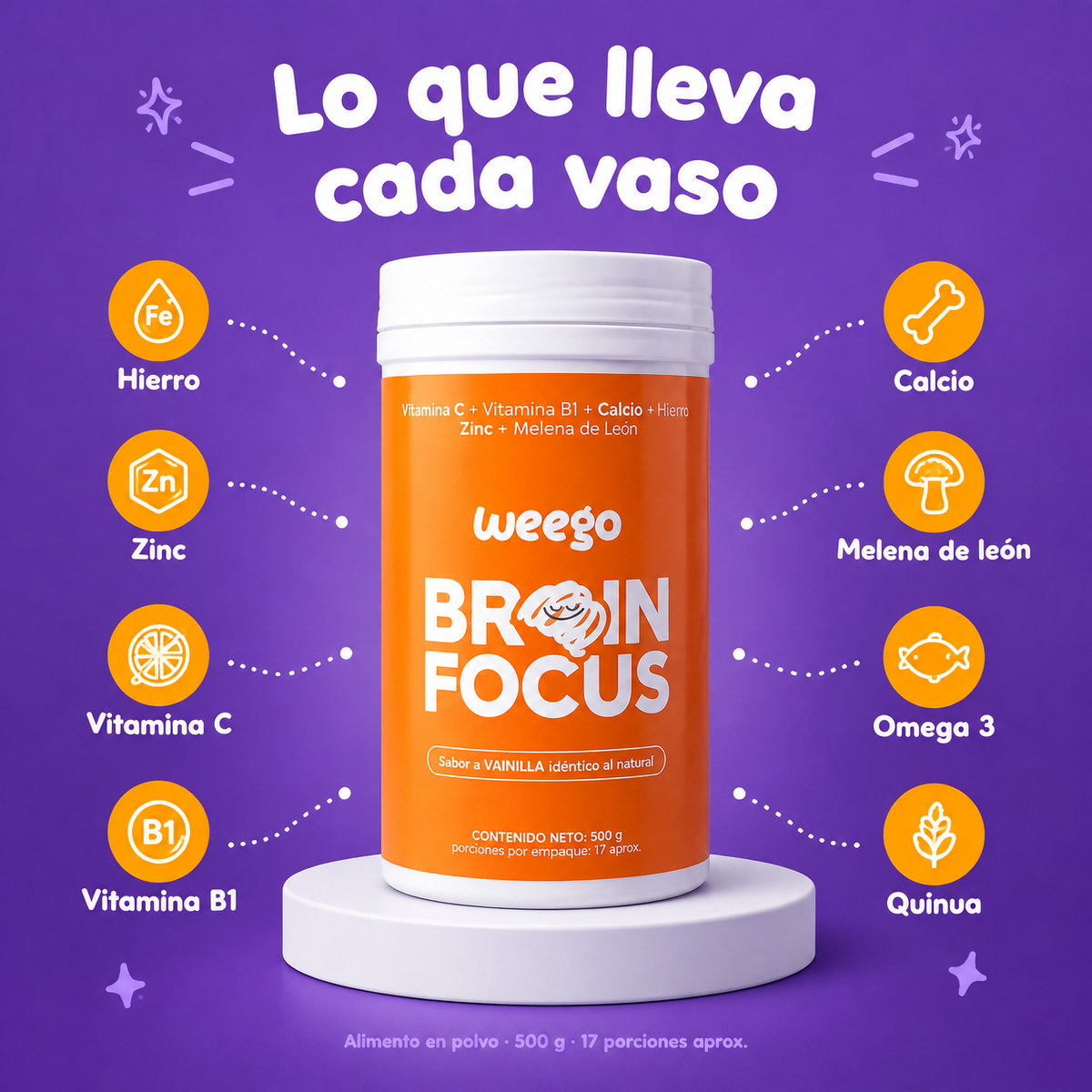 Ingredientes de WEEGO Brain Focus: hierro, zinc, vitaminas C y B1, calcio, melena de león, omega 3 y quinua